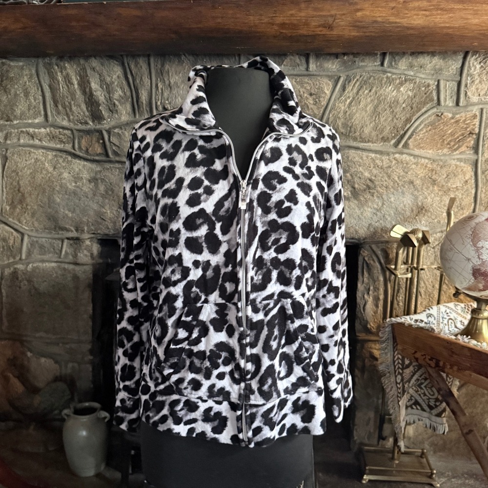 Onque Leopard Velour Zip Up Jacket Women M‎ Black White Animal Print